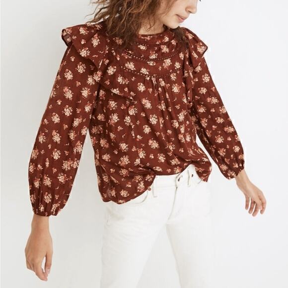 Madewell Ladder-Trim Ruffle Red Floral Print Top in Homestead Bouquet Sz M NWT